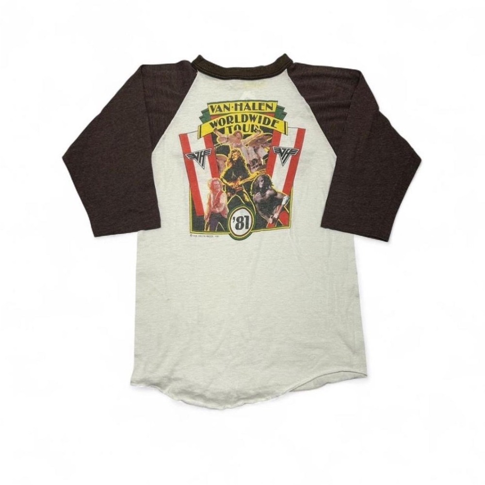 Vintage 1981 Van Halen Worldwide Tour Raglan T-Shirt Brown Cream 3/4 Sleeve Med